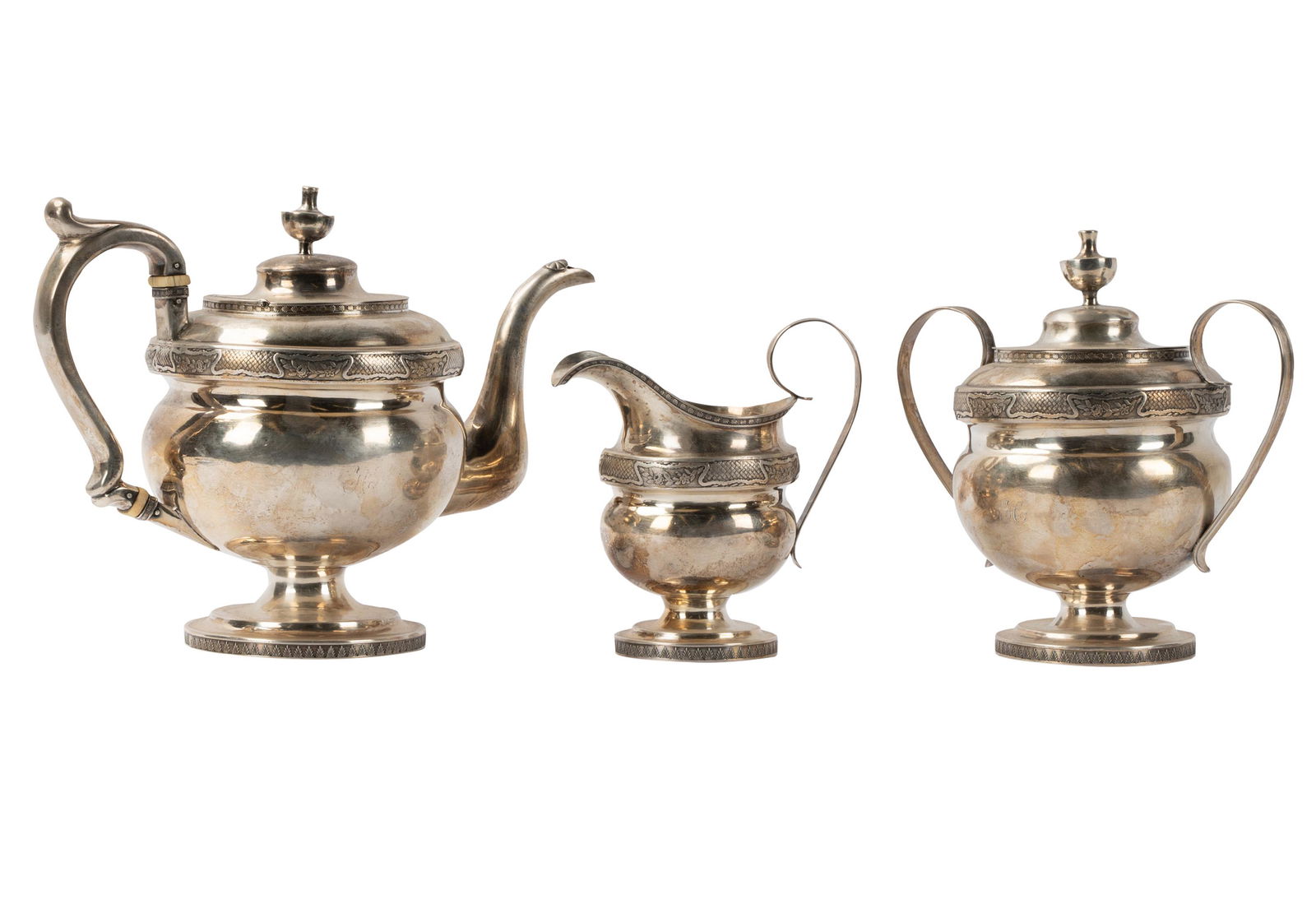 THREE-PIECE AMERICAN COIN SILVER TEA SERVICE (1 of 11)