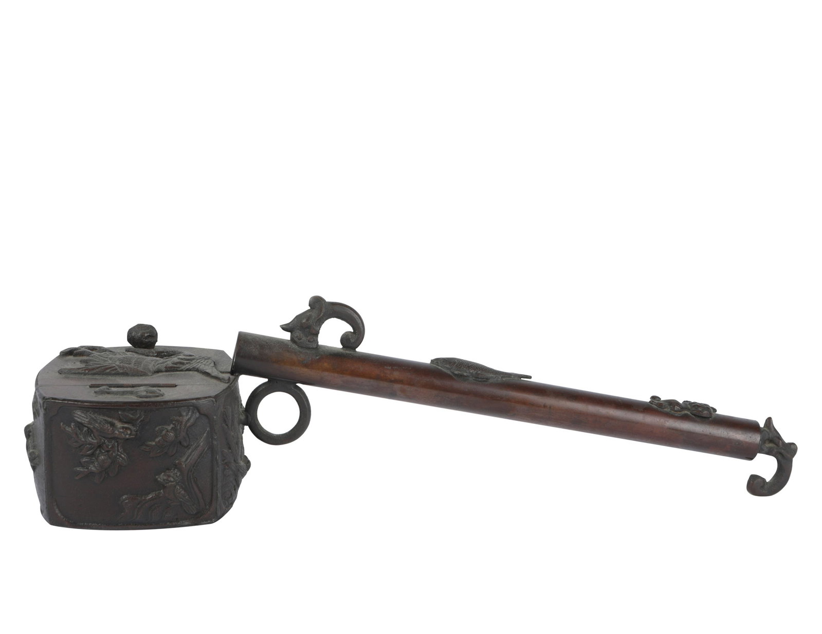 CHINESE OPIUM CENSER: patinated metal; unsigned; with hinged cover; 13 1/2 inches wide; 3 1/2 inches deep