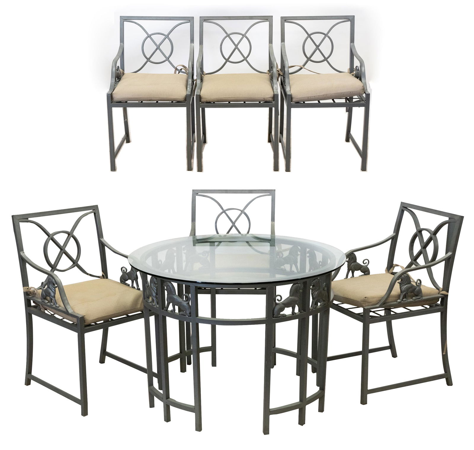 PAINTED IRON PATIO DINING SET: with stone top; comprising one dining table with six chairs (20 inches wide; 22 inches deep; 36 inches high) table: 59 1/2 inches diameter; 30 inches high