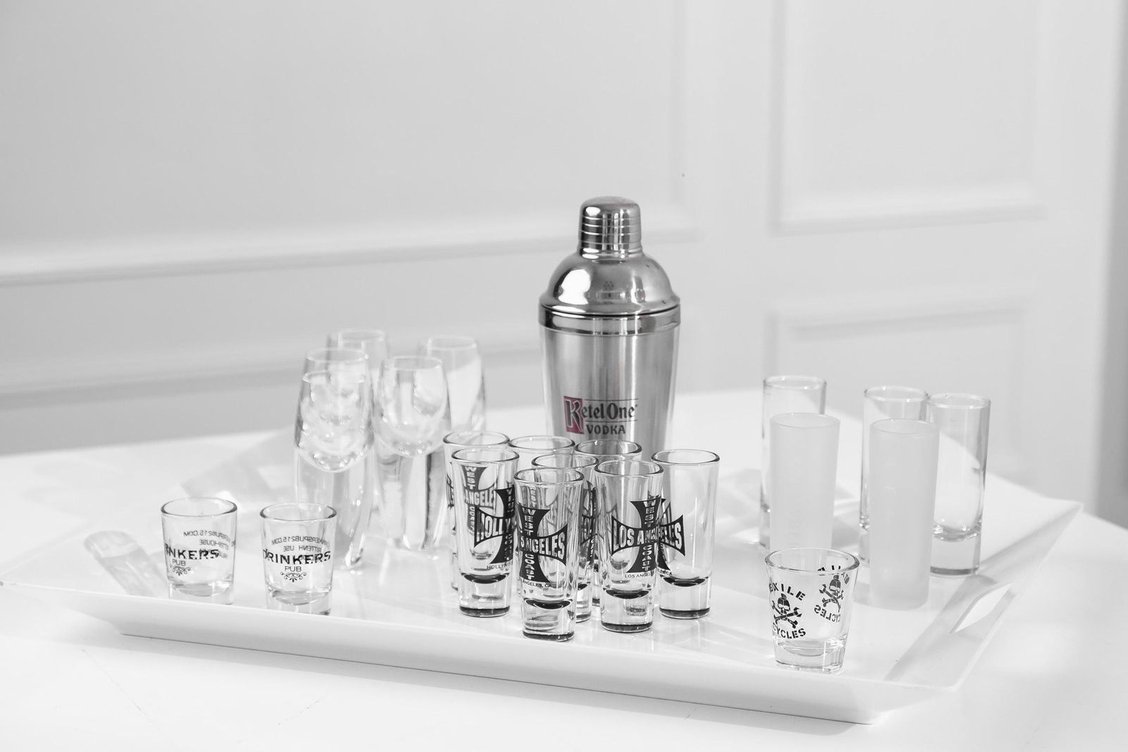 CHRISTIAN AUDIGIER SHOT GLASSES, SHAKER & TRAY (1 of 12)