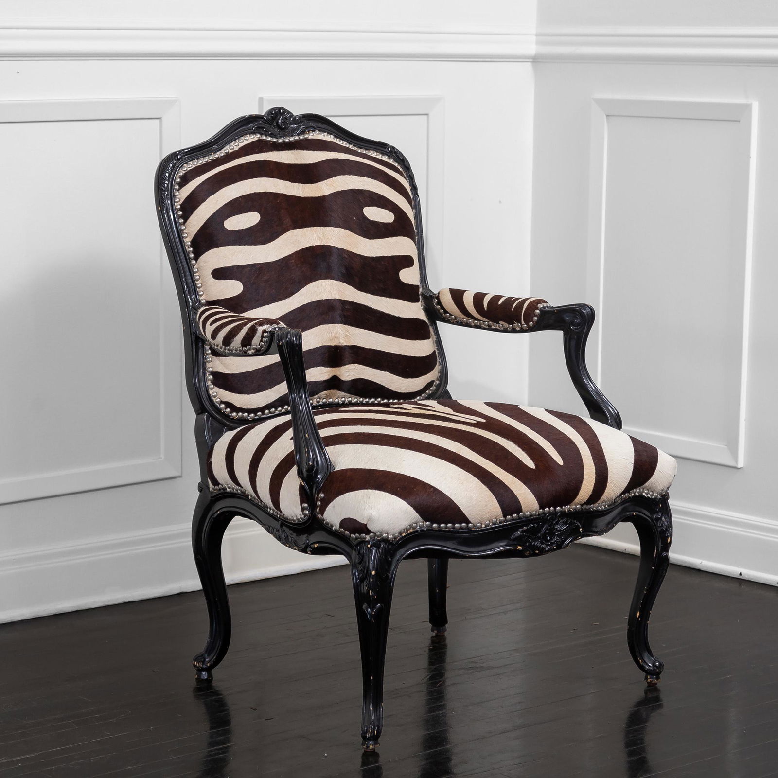 CHRISTIAN AUDIGIER LOUIS XV STYLE BLACK WOOD ARMCHAIR (1 of 11)