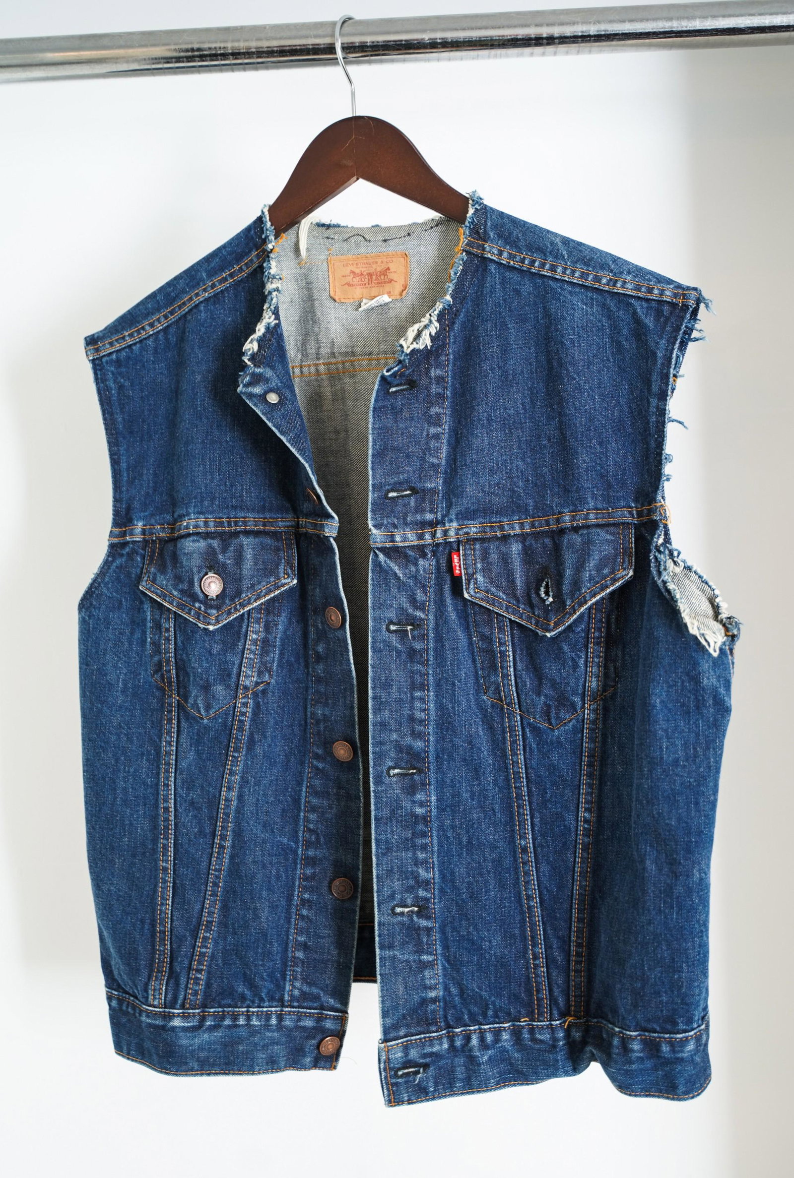 CHRISTIAN AUDIGIER LEVIS DENIM VEST: With frayed collar and sleeve design. No size.