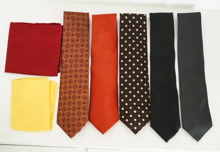 CHRISTIAN AUDIGIER GROUP OF NECKTIES & POCKET SQUARES: Including a 100% silk neck tie by Ermenegildo Zegna, a neck tie by Romeo Gigli, three additional neck ties, a Barney's New York yellow 100% silk pocket square, and a red Gerard Sene Paris pocket squar