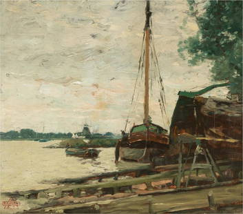 HENRY WARD RANGER (1858 - 1915): BOATS IN HARBOR: oil on academy board; estate stamped lower left; 12 x 14 inches; 17 1/4 x 19 inches frame