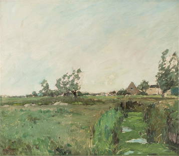 HENRY WARD RANGER (1858 - 1915): LANDSCAPE: estate stamped lower left; oil on academy board; 12 1/2 x 14 inches; 17 1/4 x 19 1/2 inches frame