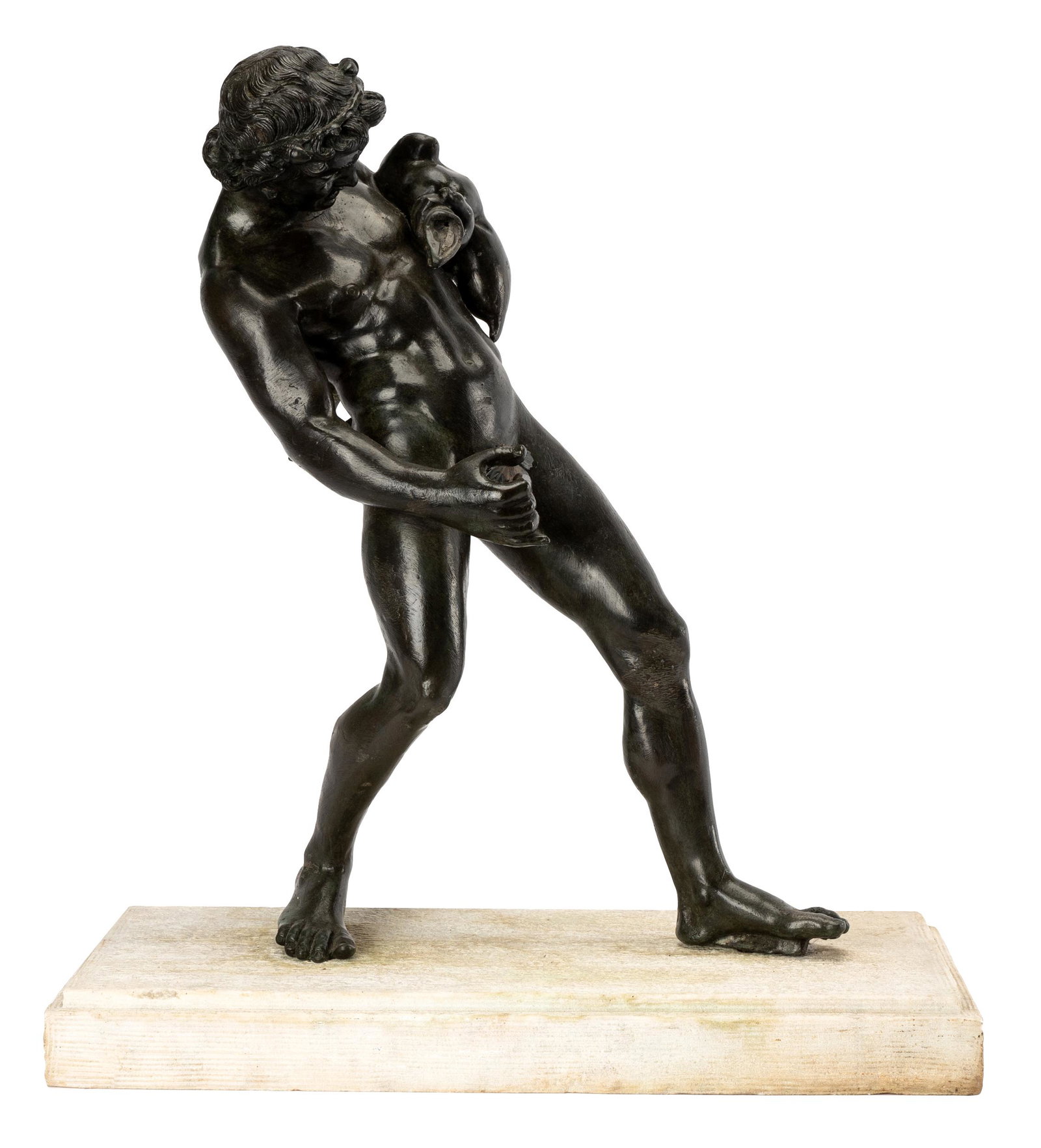 NEOCLASSICAL-STYLE FIGURE OF A NUDE: 19th century; bronze with dark green patination, mounted to cast stone plinth; unsigned; Provenance: The Estate of David Karpeles, the Karpeles Manuscript Museum, Montecito, CA; the bronze: 19 1/4 inc