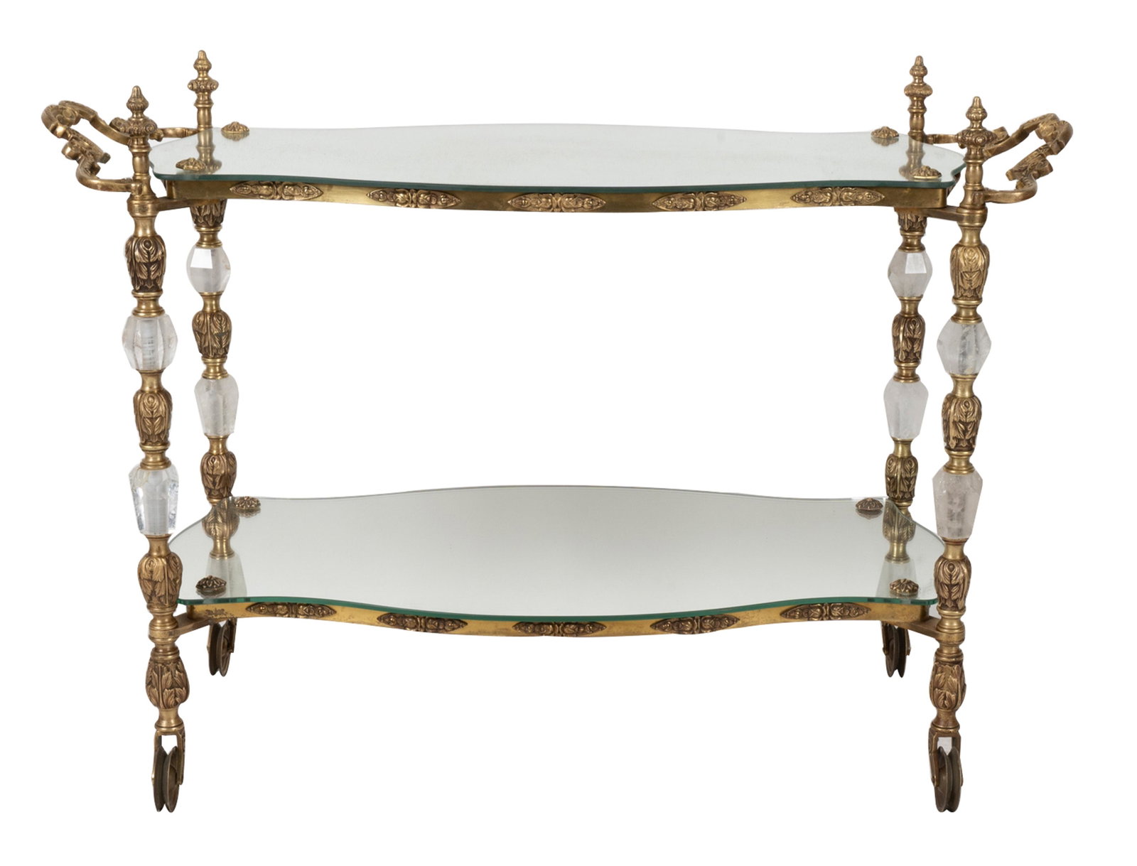GILT METAL & ROCK CRYSTAL TIERED TROLLEY: having two mirror-glass shelves joining four supports raised on wheels; 39 inches wide; 16 inches deep; 27 inches high