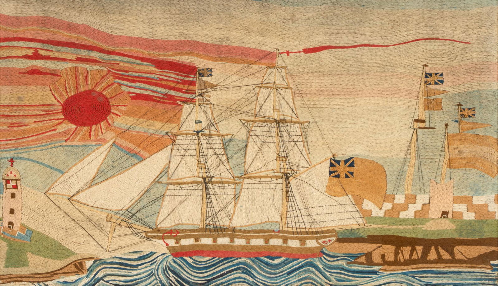 ENGLISH SAILOR'S WOOLWORK OR 'WOOLIE': CLIPPER SHIP AT SUNSET (1 of 18)