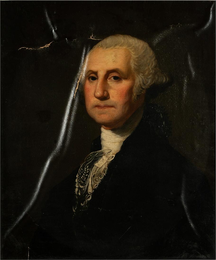STYLE OF GILBERT STUART: GEORGE WASHINGTON: oil on canvas relined; unsigned; Provenance: The Estate of David Karpeles, the Karpeles Manuscript Museum, Montecito, CA; Condition: damaged from Montecito Fires; 30 1/4 x 25 1/4 inches; 39 x 34 inche