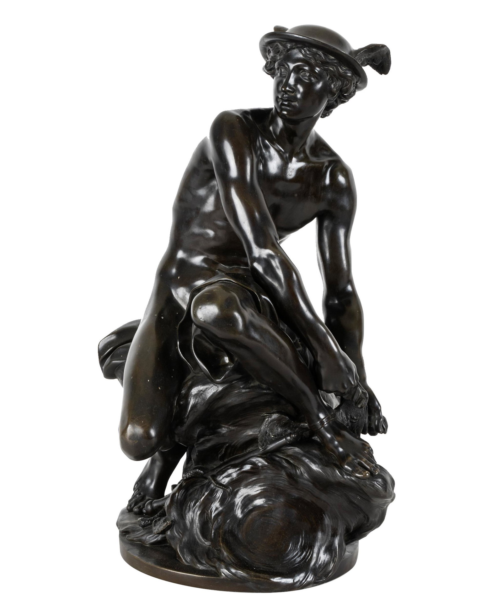 JEAN-BAPTISTE PIGALLE: SEATED MERCURY: bronze with green patination; unsigned; Provenance: The Estate of David Karpeles, the Karpeles Manuscript Museum, Montecito, CA 14 inches wide; 12 inches deep; 22 inches high