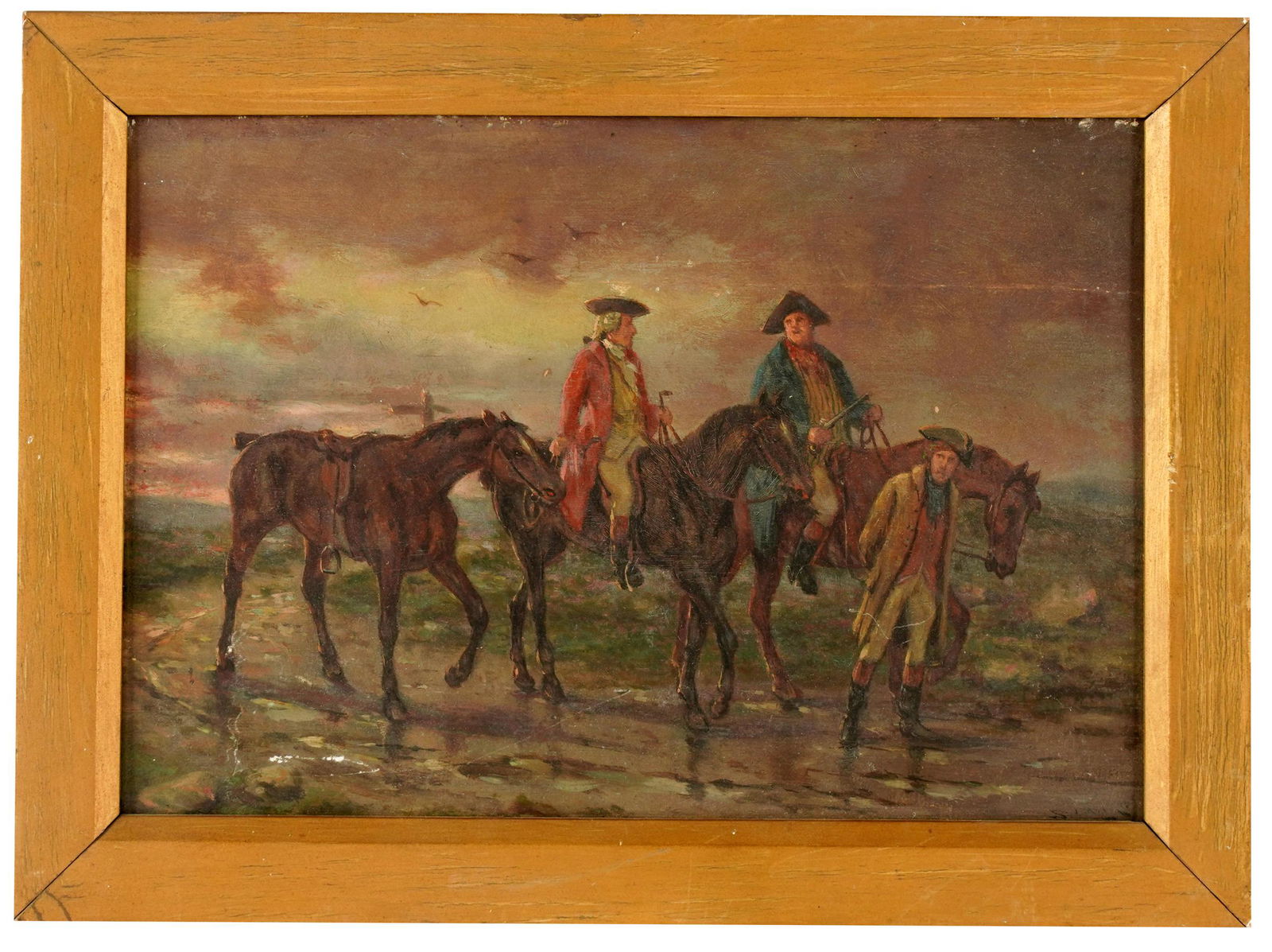 BRITISH SCHOOL: MEN & HORSES ON A ROAD: oil on board; signed illegibly lower right; 7 x 10 inches; 8 5/8 x 11 5/8 inches frame