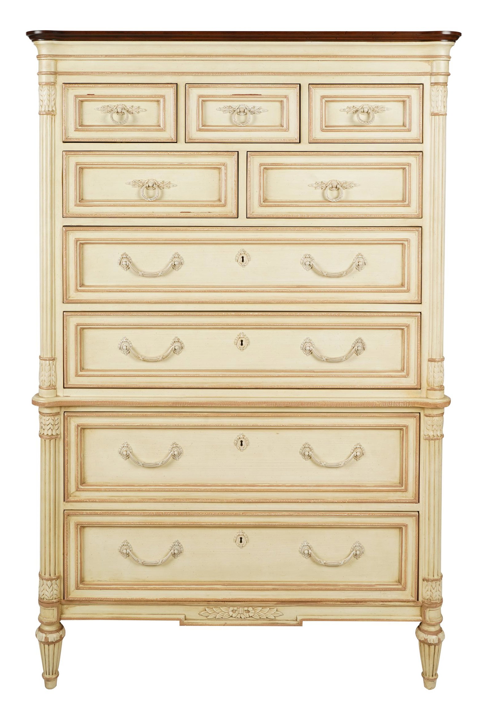 PAIR OF NEOCLASSIC-STYLE PAINTED WOOD CHESTS OF DRAWERS: 20th century; each constructed in one piece; each with stained wood top; 41 1/2 inches wide; 20 inches deep; 64 1/2 inches high