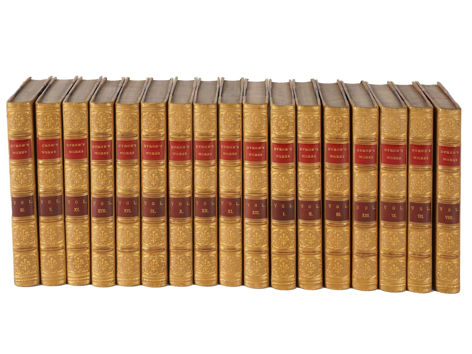 WORKS OF LORD BYRON: John Murray, Albemarle Street, London, 1832 - 1833; Volumes 1 - 17; each half-bound in leather and marbled paper; each volume 6 3/4 x 4 1/4 inches