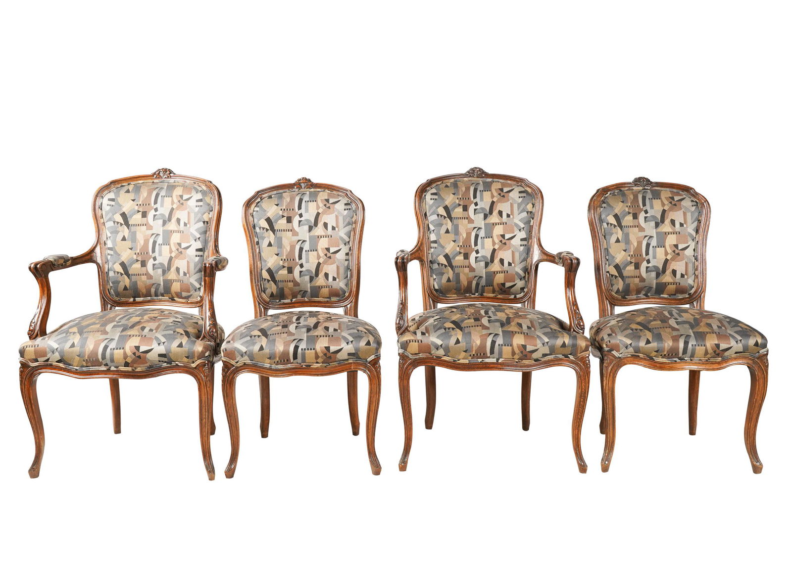 SET OF FOUR LOUIS XV PROVINCIAL-STYLE CHAIRS: comprising two fauteuils (24 inches wide; 22 inches deep; 39 inches high; seat height: 19 inches) and two chaises (20 inches wide); each covered with later geometric patterned fabric; Condition: at le