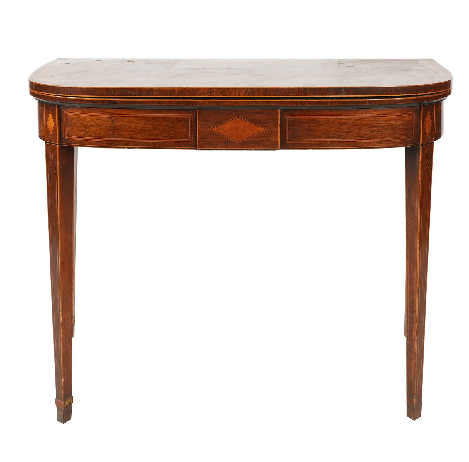 ENGLISH INLAID SATINWOOD GAMES TABLE: with hinged, D-shaped top; 36 inches wide; 18 inches deep; 27 1/2 inches high