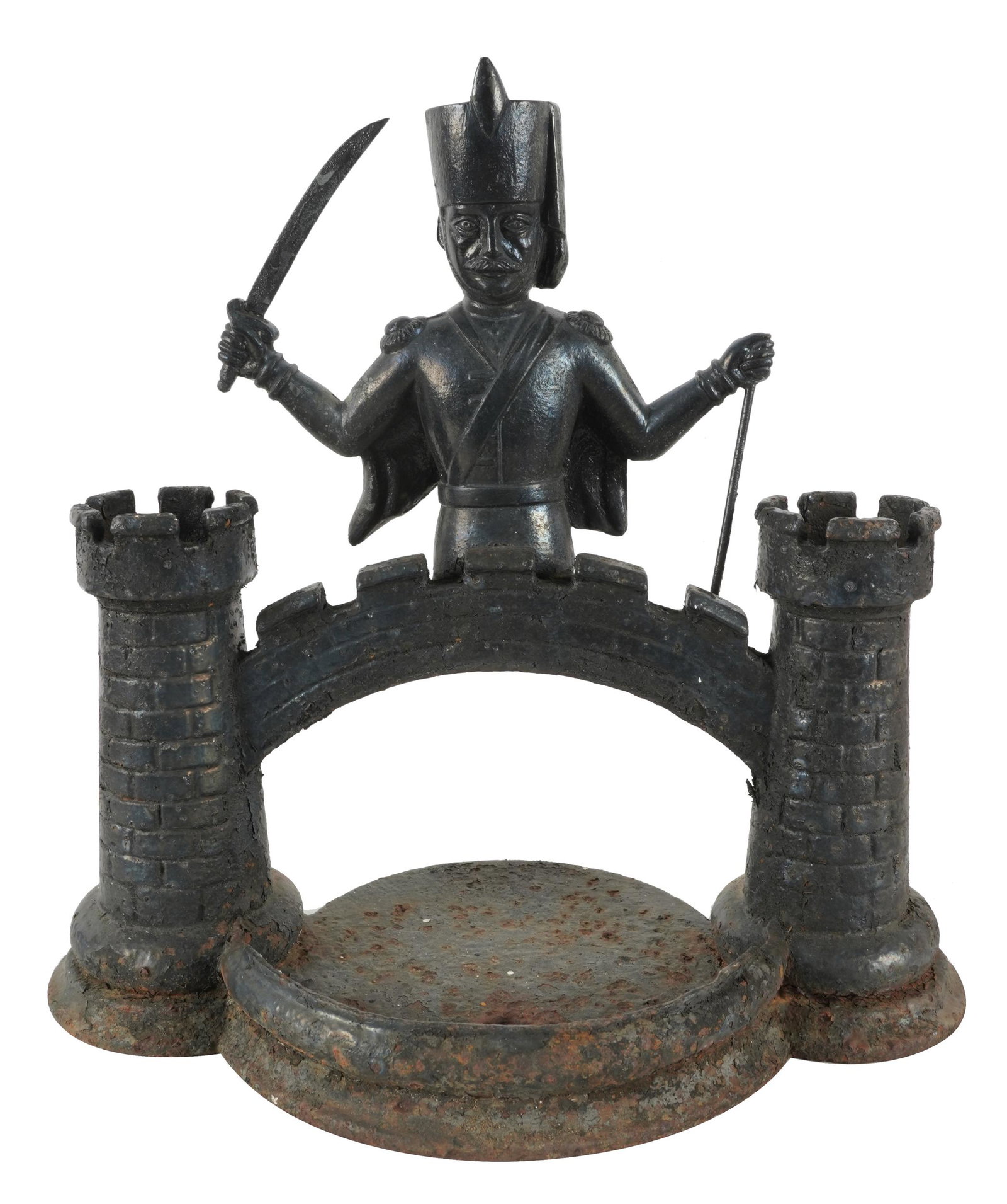 IRON FIGURAL DOORSTOP: unsigned; modeled as a soldier defending two turrets; 14 1/2 inches wide; 9 inches deep; 14 inches high