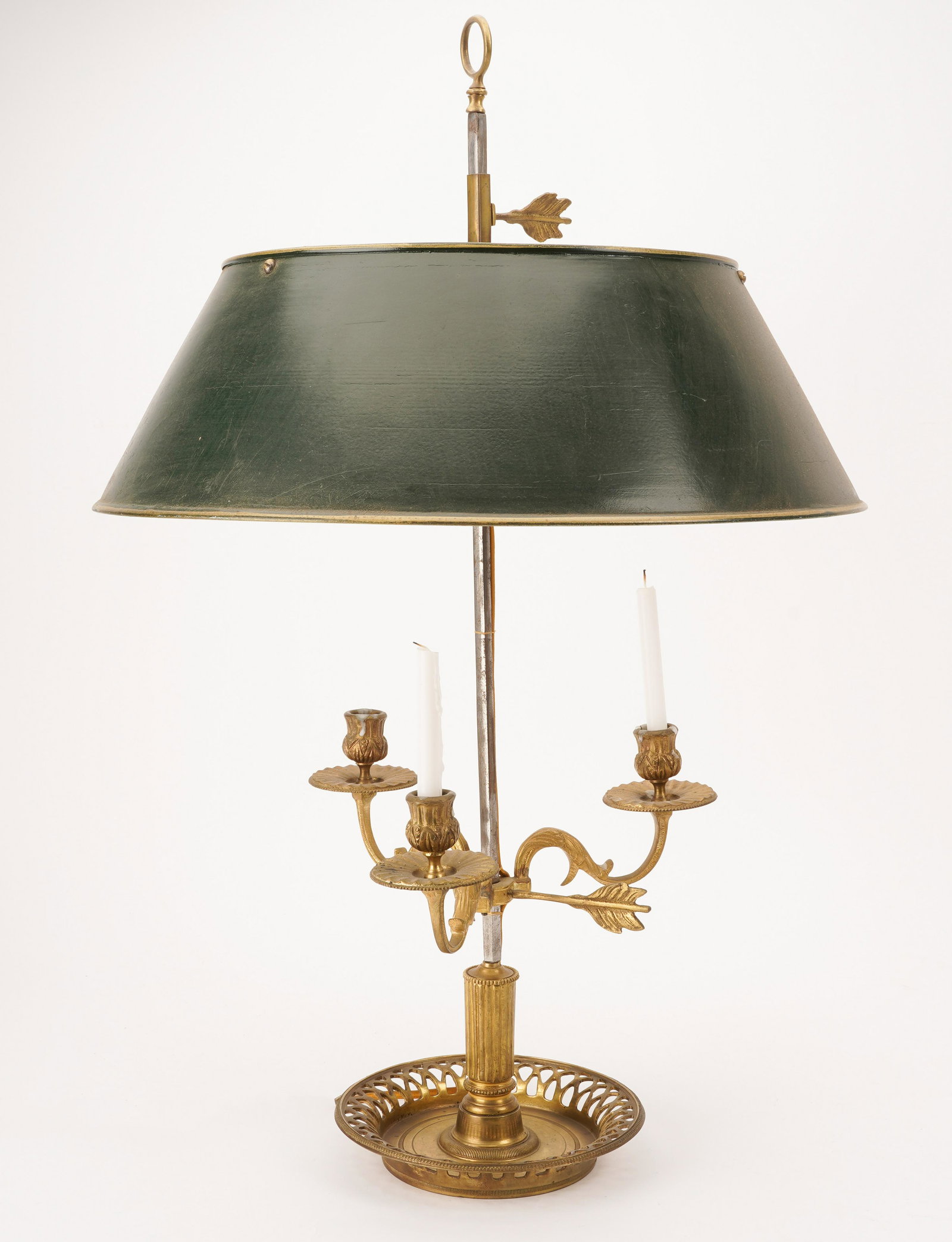 GILT METAL & TOLE-PEINTE BOUILLOTTE LAMP: the green shade over twin sockets; 16 inches diameter; 20 inches high