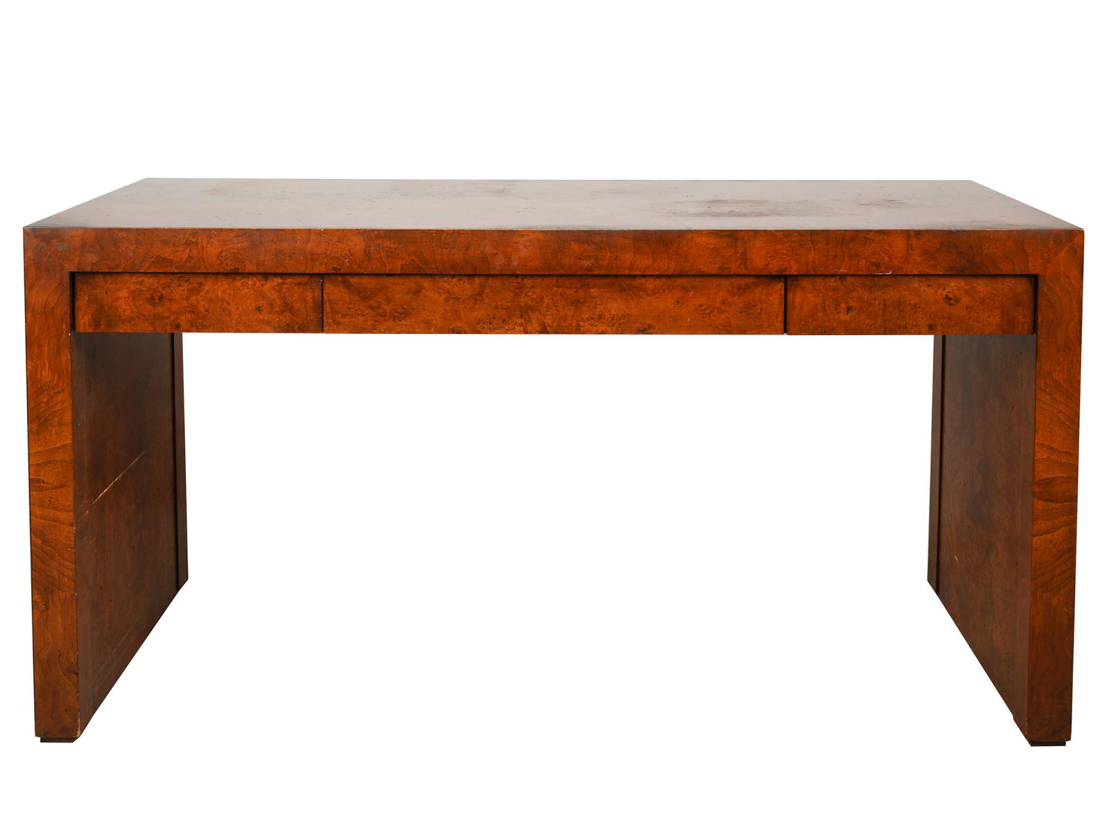 HEKMAN BURL VENEER WRITING TABLE: branded manufacturer's mark; with three drawers; 58 inches wide; 24 inches deep; 29 1/2 inches high