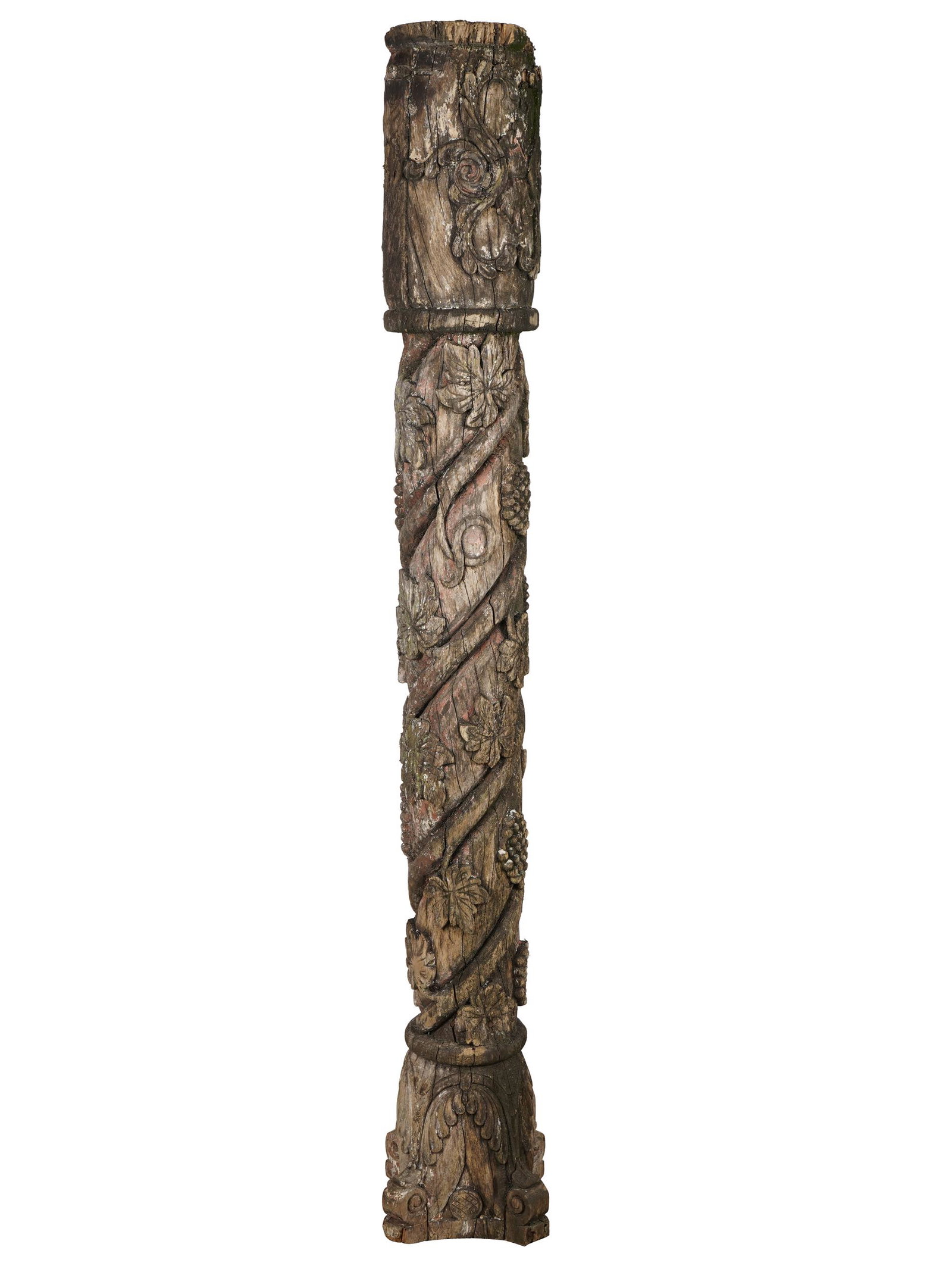 CARVED WOOD COLUMN: carved with spiraling grapevine; Provenance: The Estate of Barbara Beretich, Artist and Collector of Art, Claremont, CA; Condition: with losses; severely weathered; 11 inches square; 82 inches high