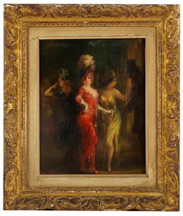 LOUIS ANQUETIN (1861 - 1932): THREE WOMEN: oil on canvas; signed lower left; 9 1/2 x 8 inches; 13 x 11 3/4 inches frame