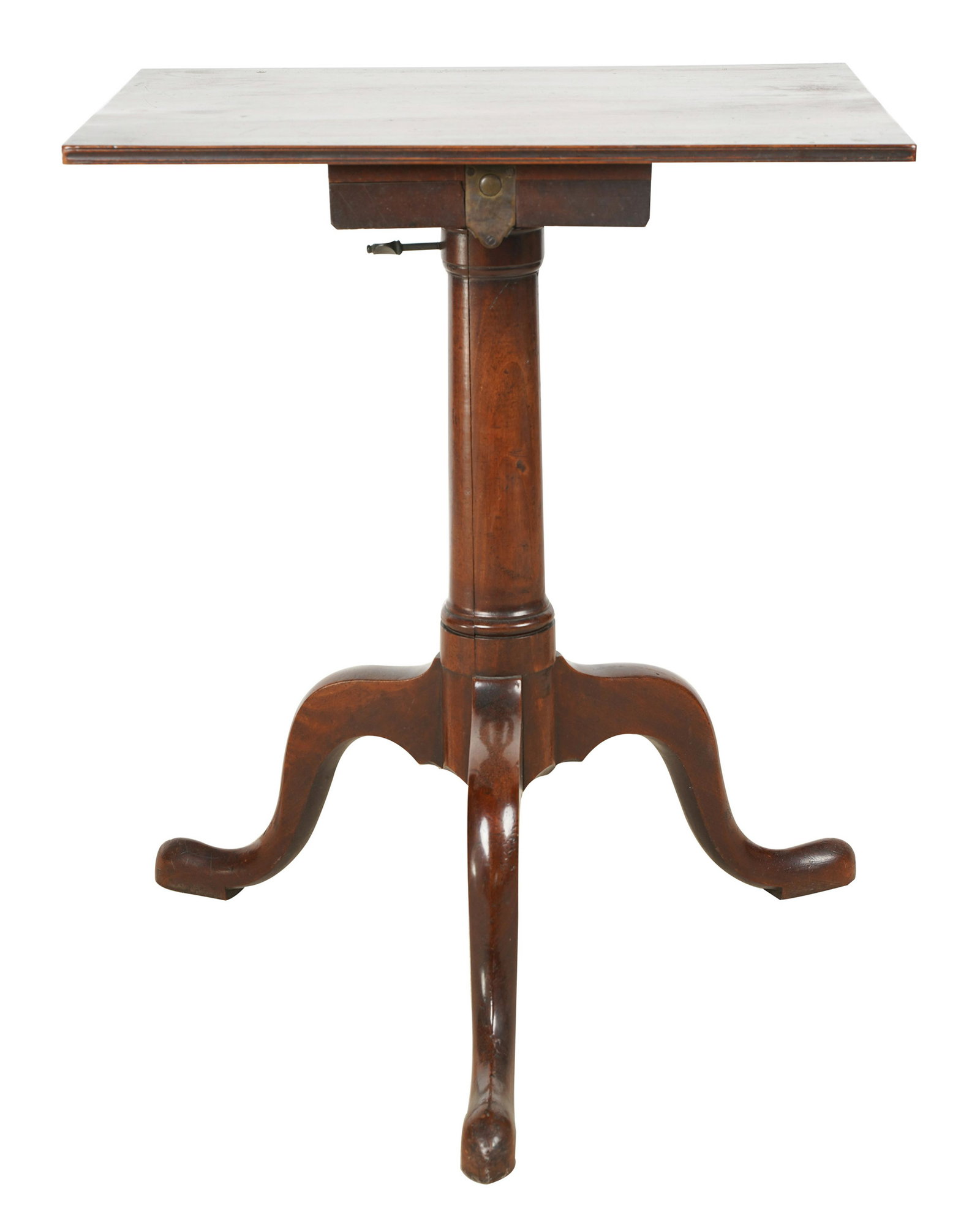 GEORGIAN-STYLE MAHOGANY TRIPOD TABLE: the rectangular top on a turned column; 23 1/2 inches wide; 17 inches deep; 30 inches high