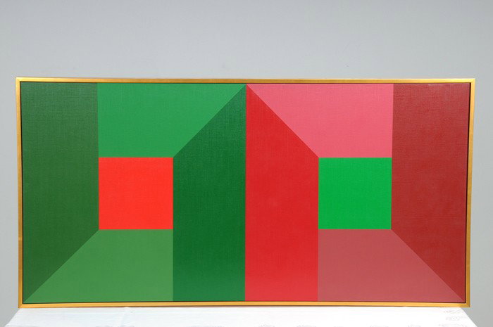 KARL BENJAMIN: "#3": circa 1974 oil on canvas signed, dated, and titled verso on upper right panel 24 x 48 inches