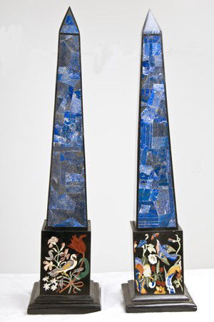 PAIR OF LAPIS VENEERED OBELISKS: each on a pietra dura inlaid black marble base 45 1/2 inches high