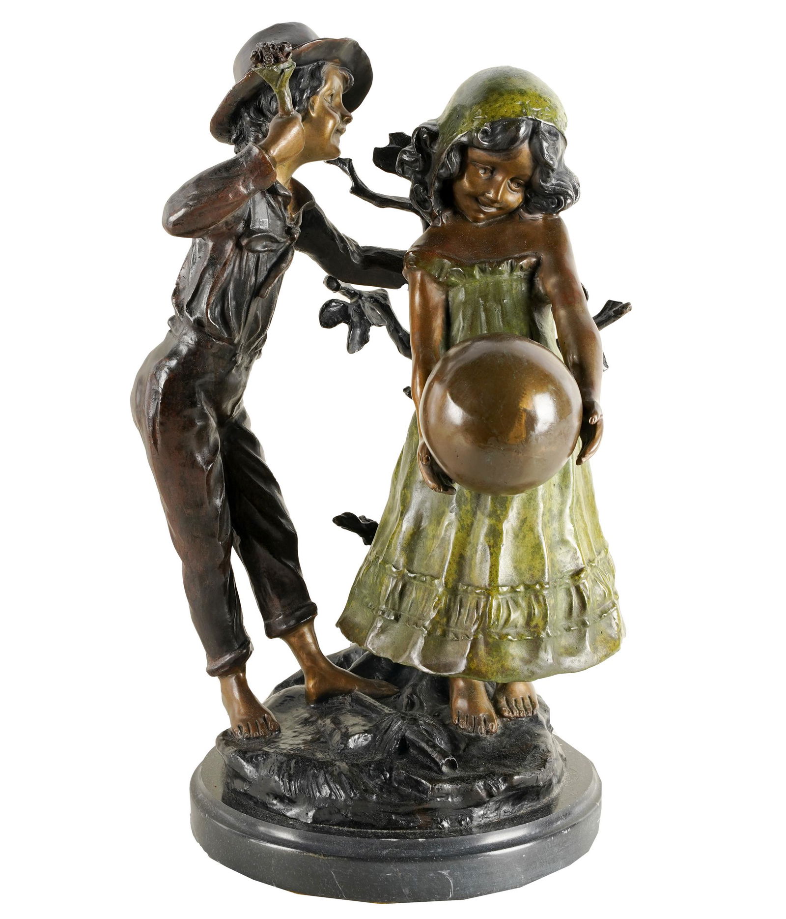 AFTER AUGUSTE MOREAU: TWO CHILDREN: patinated bronze on a black marble plinth; signed in casting; 12 inches wide; 20 inches high