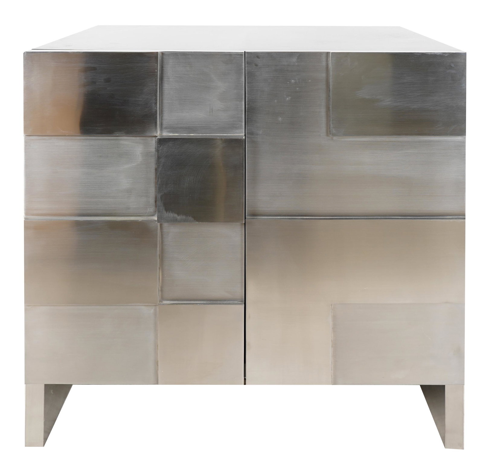 BRUTALIST-STYLE "CHECKERED" MEDIA CABINET: lacquered parchment-clad exterior with matte and brush-polished metal doors and base; mahogany interior; with rear cut-outs; Condition: minor scuffs and wear; no shelves; 35 inches wide; 23 inches dee