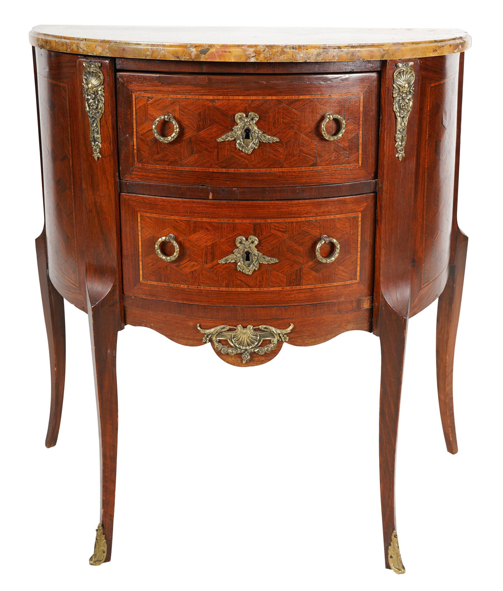 PARQUETRY DEMILUNE PETITE COMMODE (1 of 8)