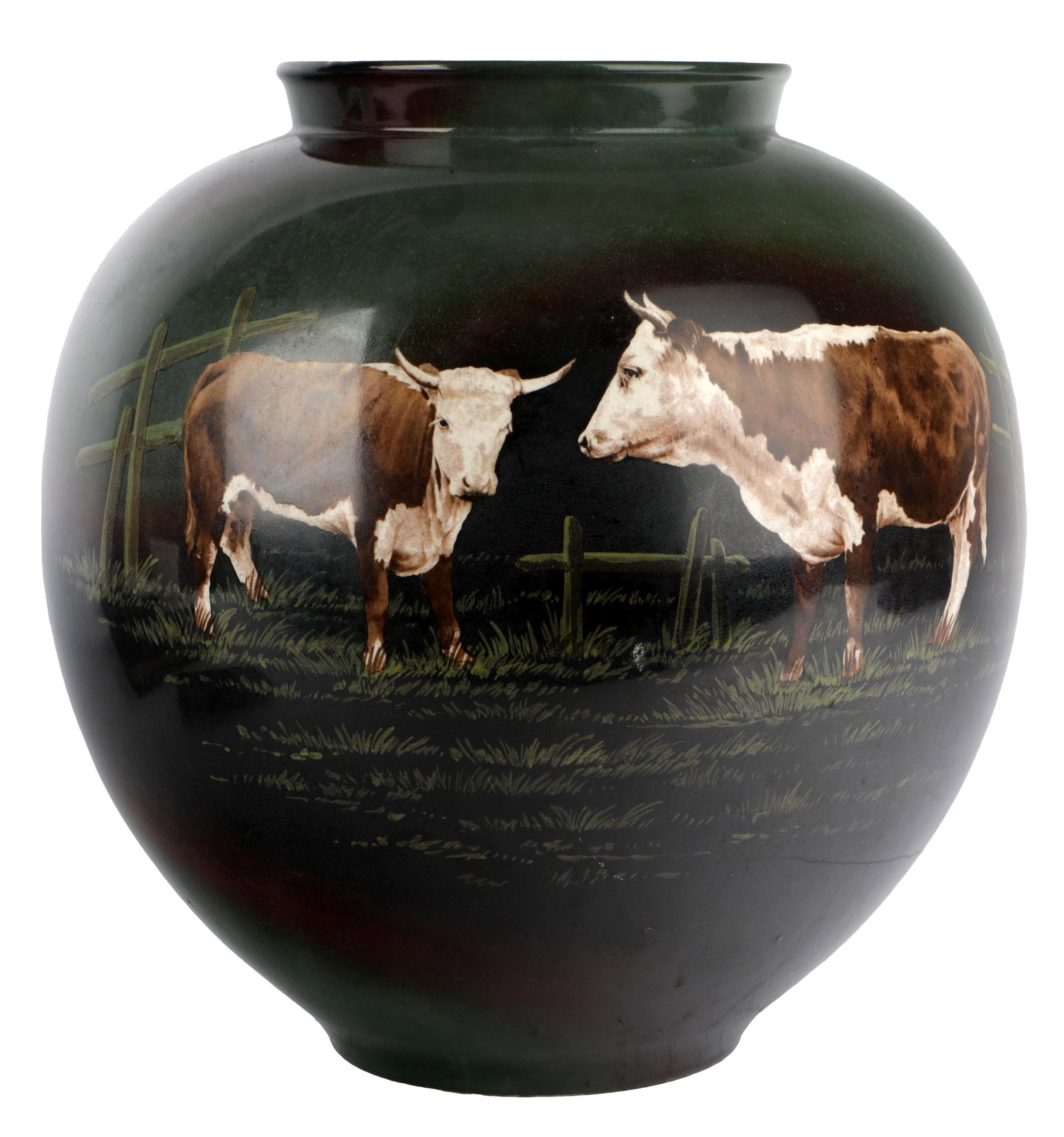 ROYAL BONN PORCELAIN VASE: red printed mark; painted with cows in pasture; 11 inches diameter; 12 inches high