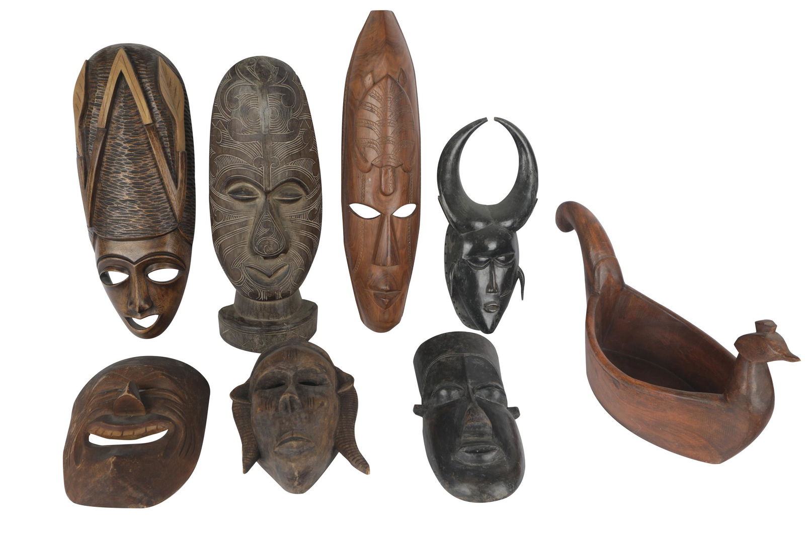 GROUP OF CARVED WOOD TRIBAL MASKS & IMPLEMENTS (1 of 9)