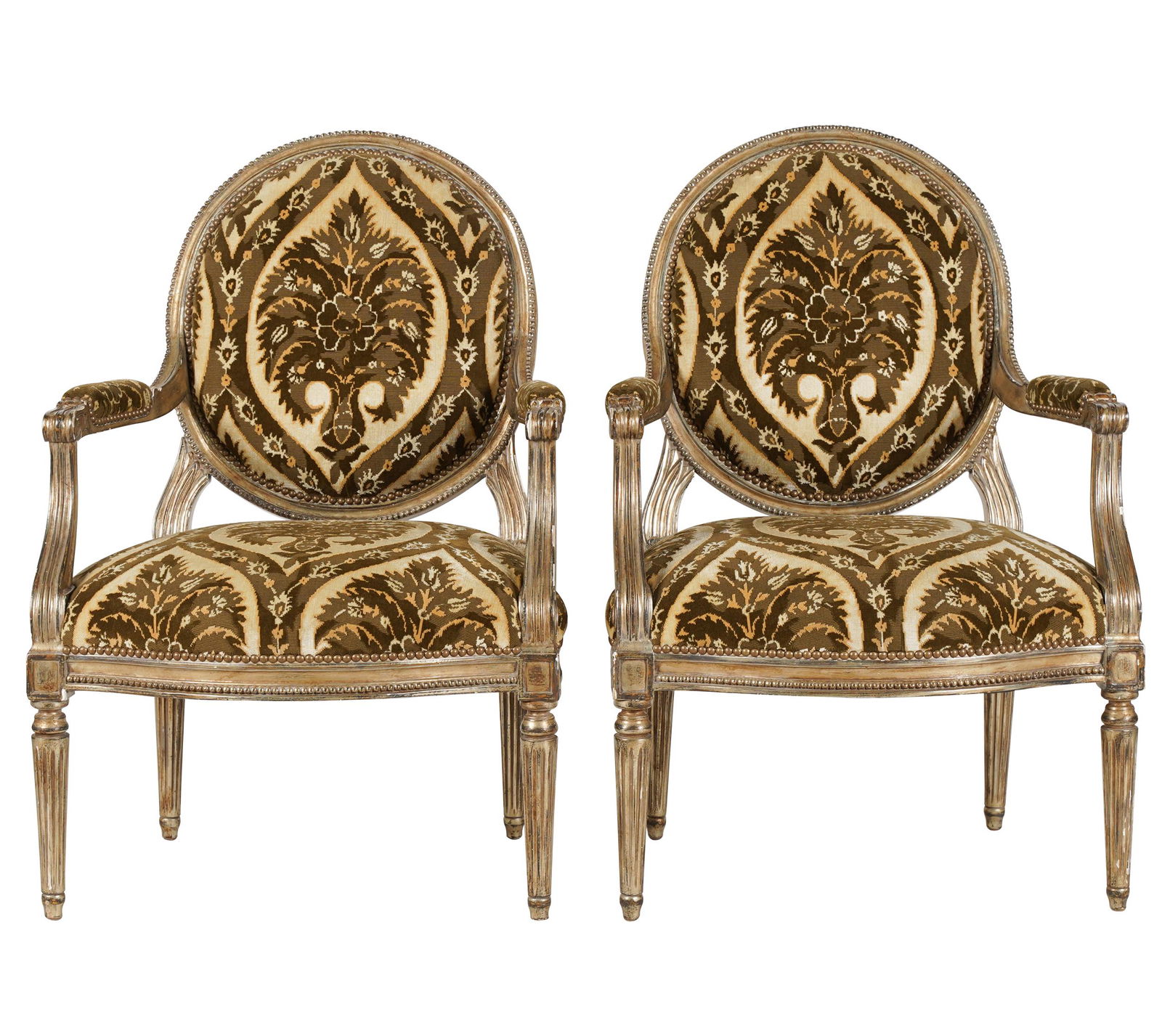 PAIR OF MICHAEL TAYLOR FAUTEUILS: with paper labels; carved wood with metallic painted finish, and brown, tan and cream velour fabric; 26 inches wide; 23 inches deep; 40 inches high; seat height: 18 1/2 inches