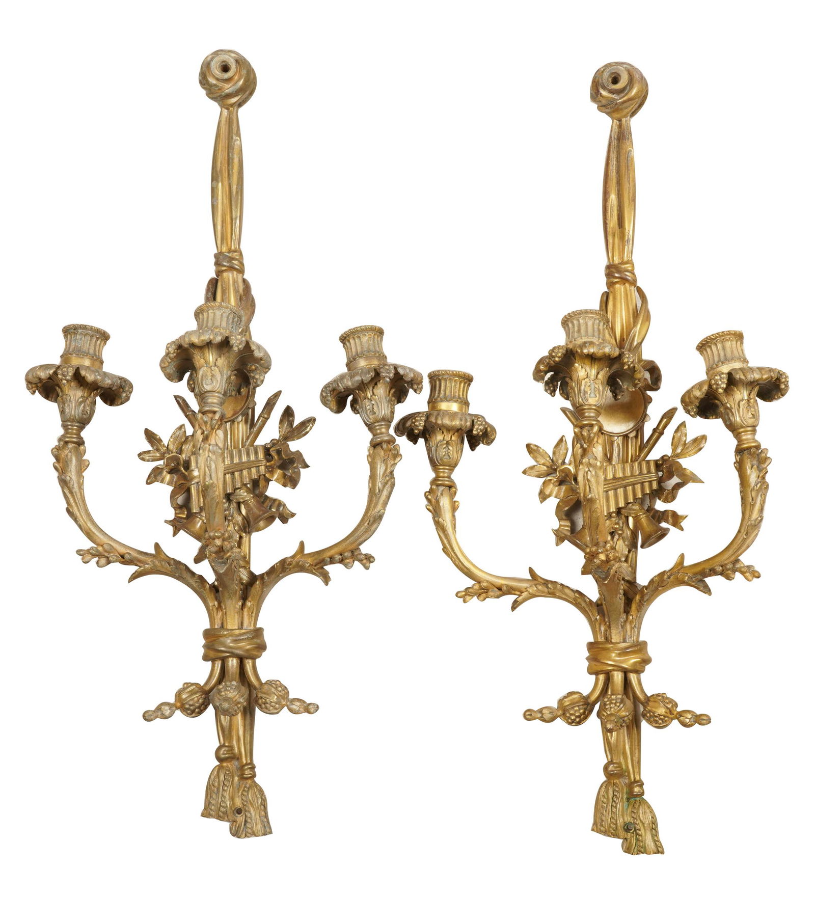 PAIR OF GILT BRONZE THREE-LIGHT WALL SCONCES (1 of 13)