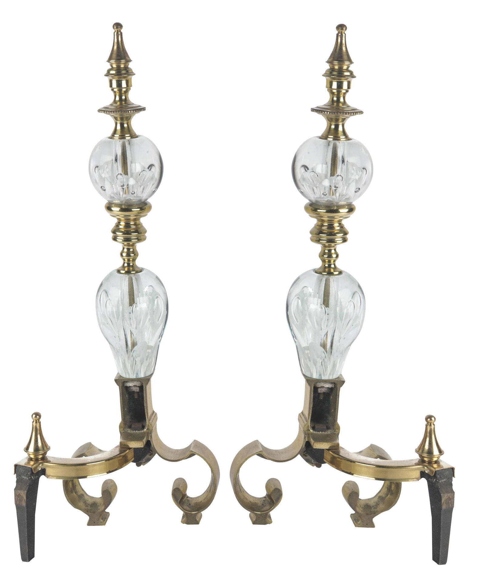 PAIR OF BLOWN GLASS & BRASS ANDIRONS: Condition: one with bent foot and loose support; each 7 1/2 inches wide; 6 inches deep; 22 3/4 inches high