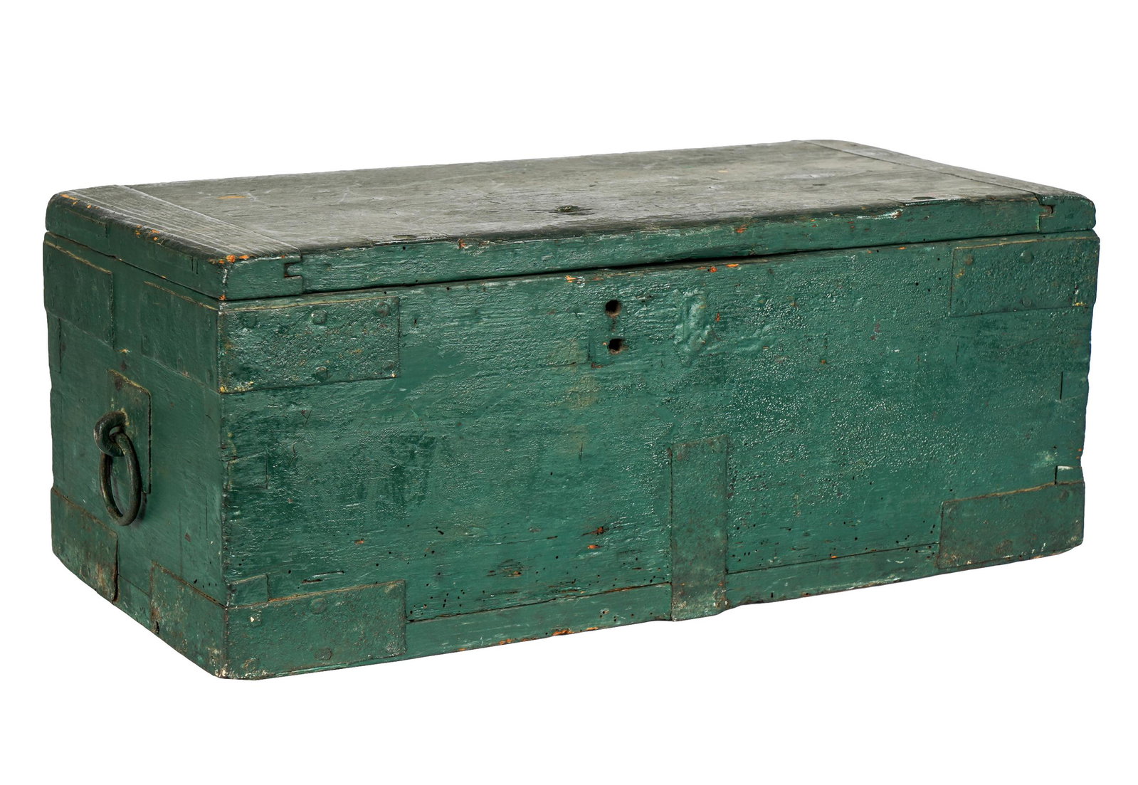 VINTAGE AMMUNITION BOX: green painted wood; 22 inches wide; 10 1/4 deep; 8 1/2 inches high;