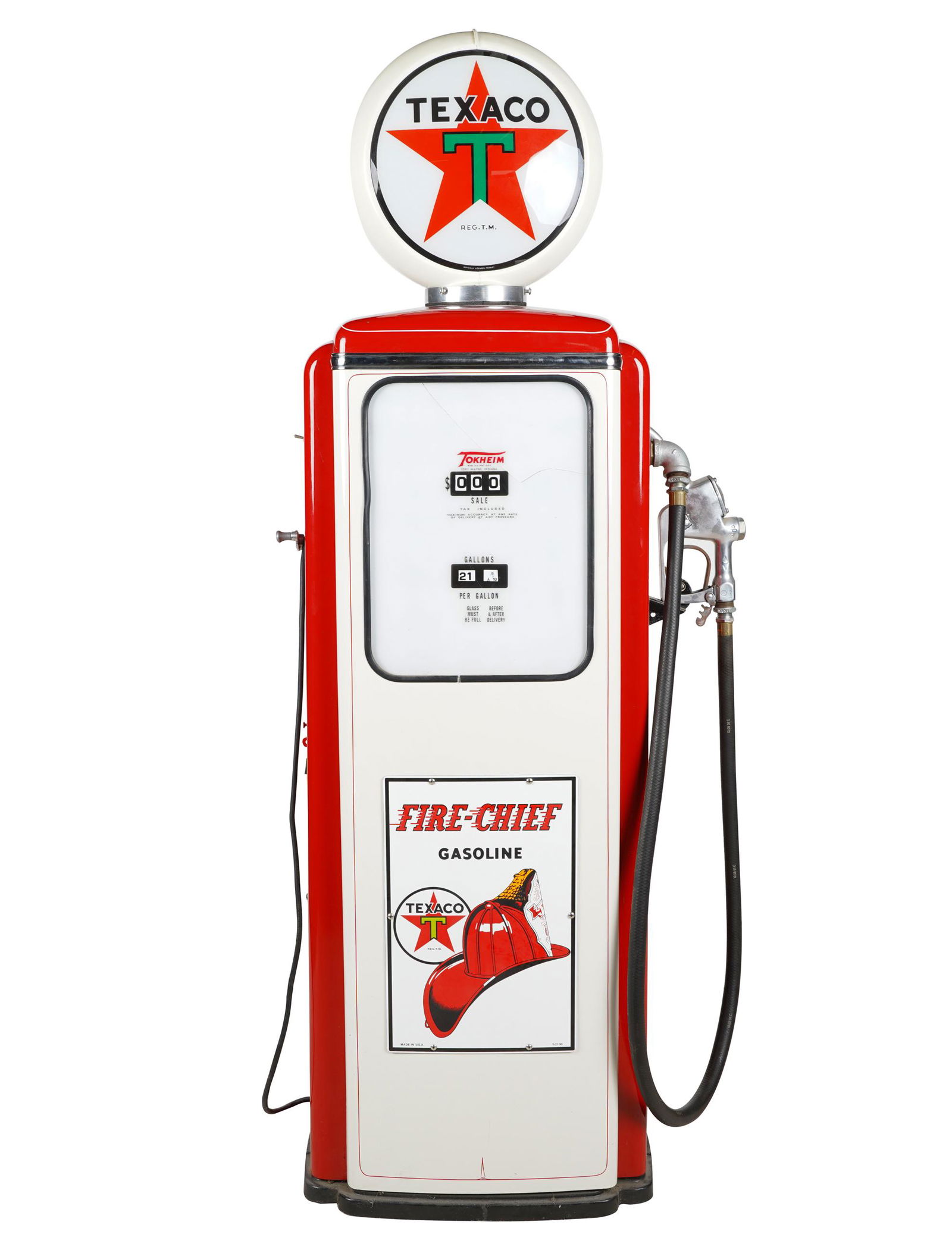TEXACO GAS PUMP: Tokheim metal plate to left side (not numbered); enameled metal, with plastic panel to front, and plastic and glass dome; 29 inches wide; 16 1/2 inches deep; 74 inches high;