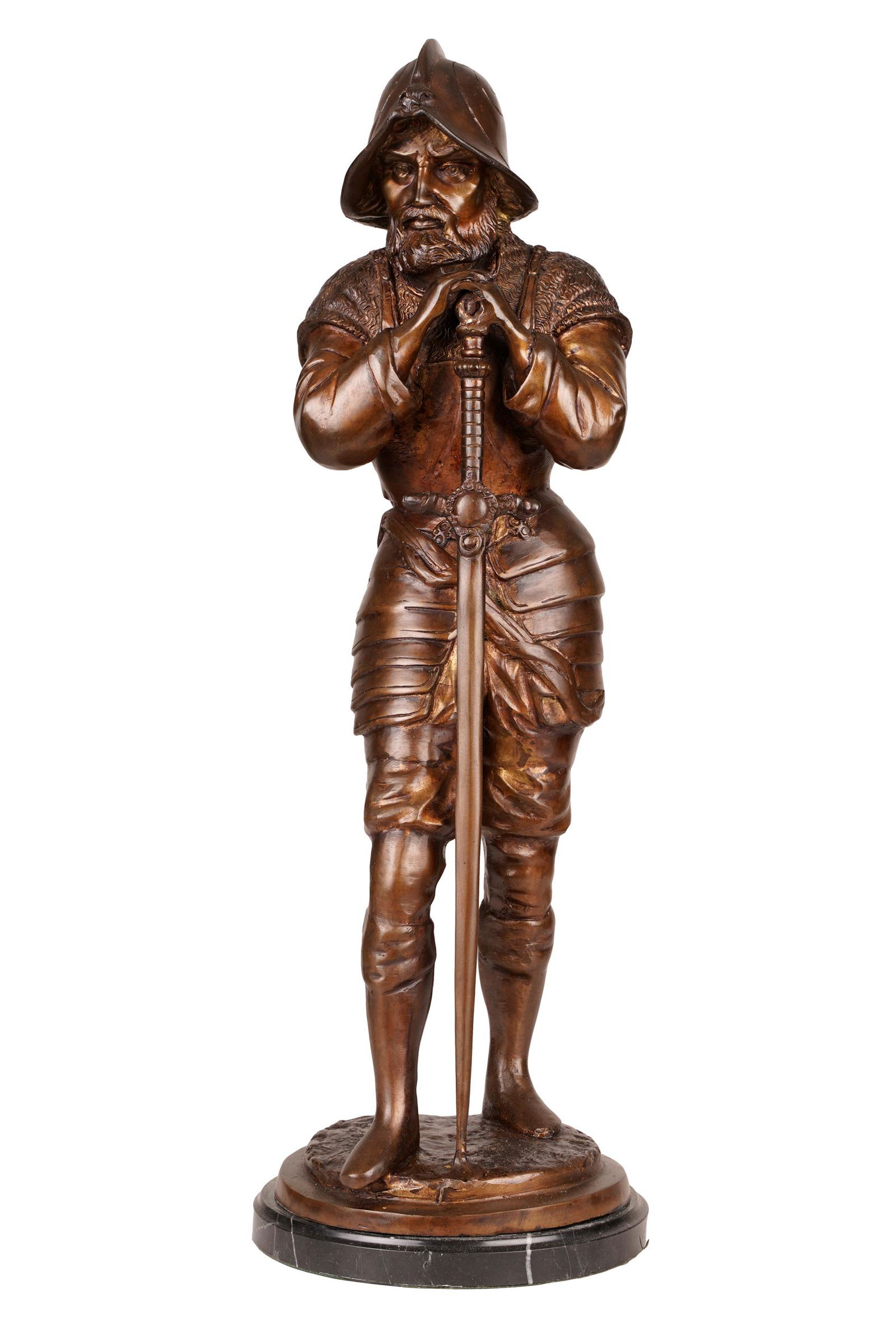 EUGENE MARIOTON (1857 - 1933): CONQUISTADOR: bronze with brown patination, mounted to marble plinth; signed "E. Marioton" to base; Provenance: The Estate of David Karpeles, the Karpeles Manuscript Museum, Montecito, CA; 20 3/4 inches high; 21 1/