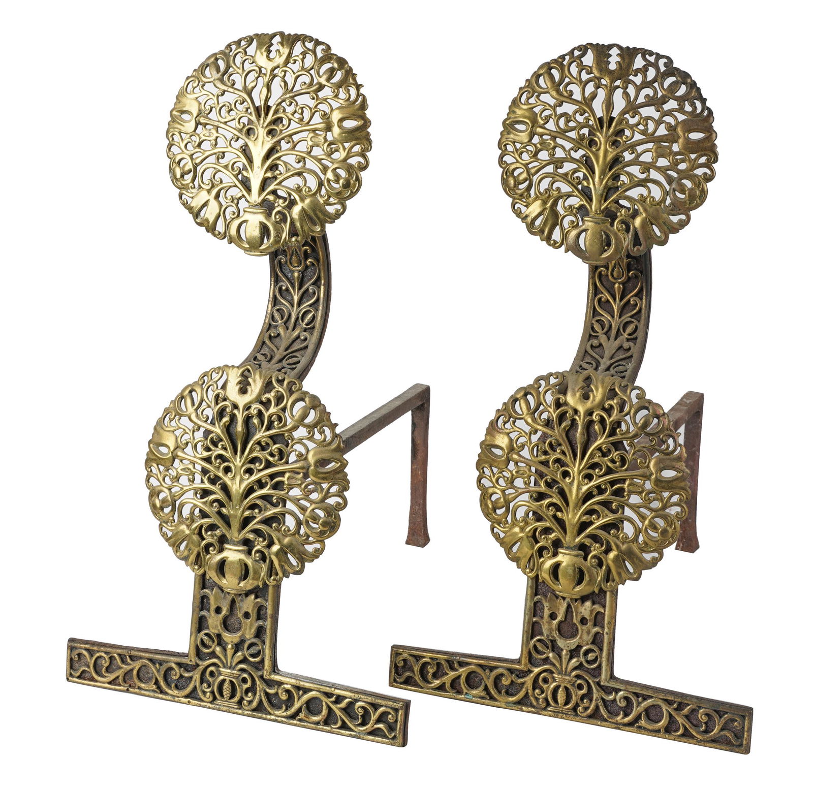 PAIR OF WROUGHT IRON & BRASS ANDIRONS: mid-20th century; 12 inches wide; 19 inches deep; 22 inches high