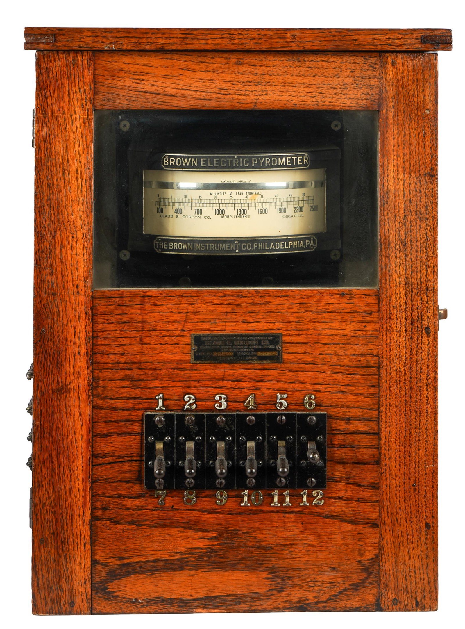 BROWN INSTRUMENT CO ELECTRIC PYROMETER: Philadelphia, PA; illegible serial number; in oak case; overall: 14 1/4 inches wide; 10 1/4 inches deep; 19 1/2 inches high
