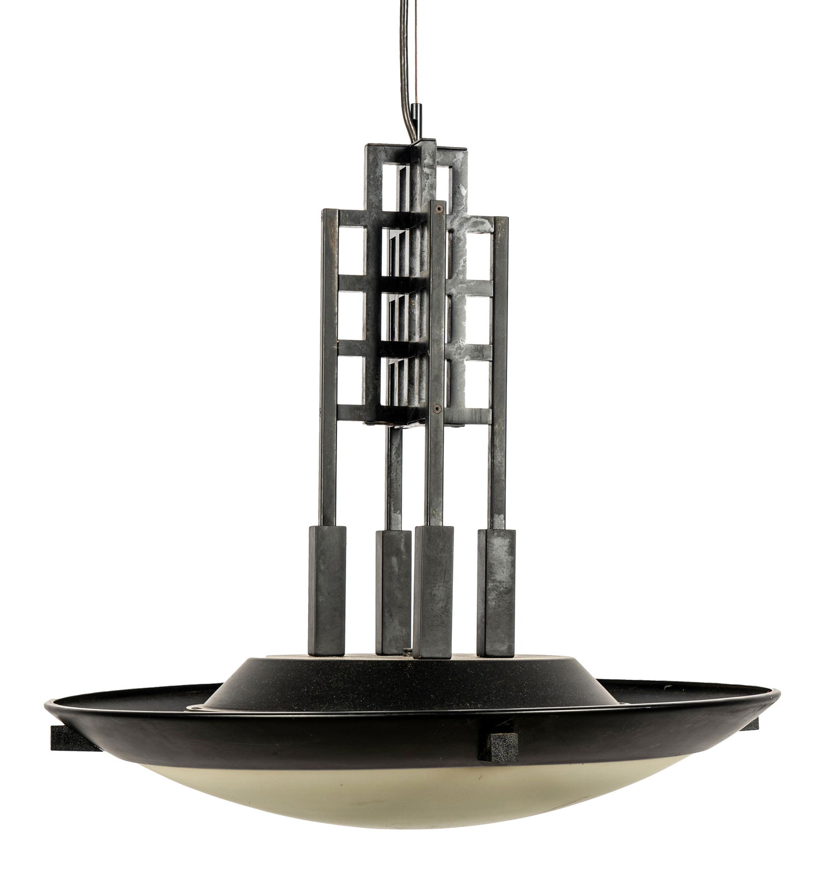ROBERT SONNEMAN FOR GEORGE KOVACS "MACK" CHANDELIER: Design number 6521 'Hanging Mack'; late 1980's; label to interior of ceiling cap; painted metal and glass; designed in the style of Frank Lloyd Wright and Charles Rennie Mackintosh; 22 inches diameter