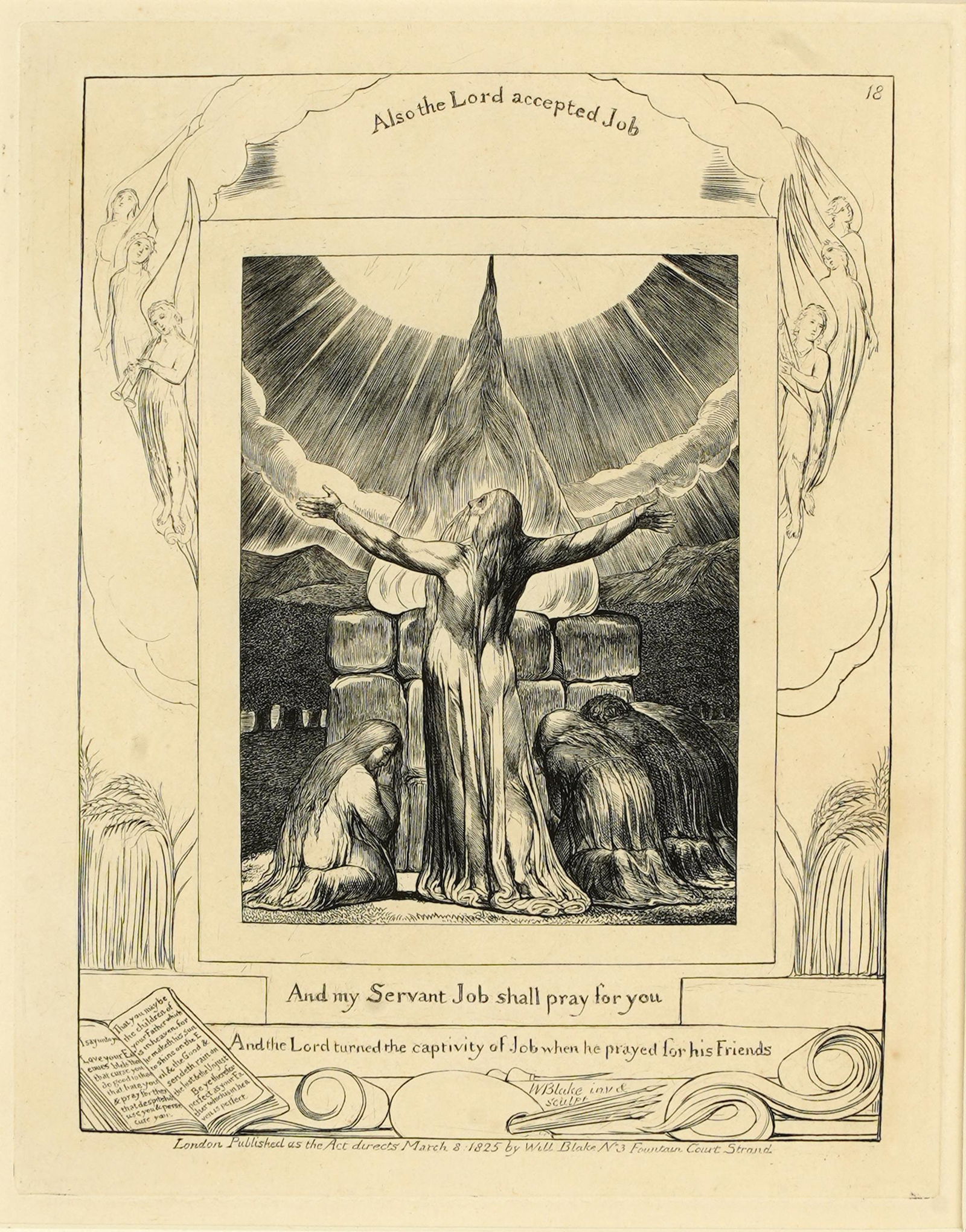 WILLIAM BLAKE (1757 - 1827): SACRIFICE OF JOB: from "Illustrations of the Book of Job"; engraving on wove paper; signed in plate; 8 1/2 x 6 3/4 inches plate; 15 1/4 x 13 1/4 inches frame