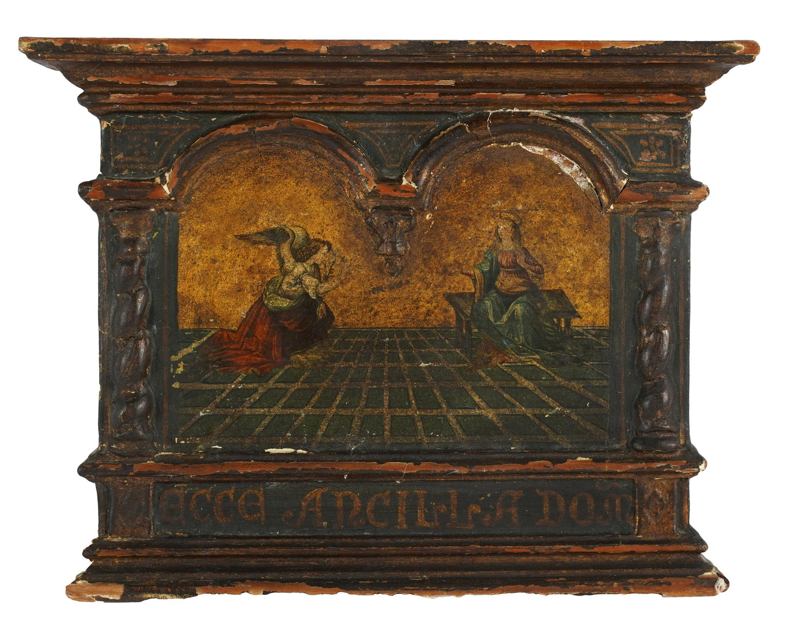 CONTINENTAL SCHOOL: THE ANNUNCIATION: oil on wood panel, within a carved, painted and gilt border; unsigned; inscribed "Ecce Ancilla dom" (Behold the handmaiden of the Lord"; 7 1/2 x 9 3/4 inches overall