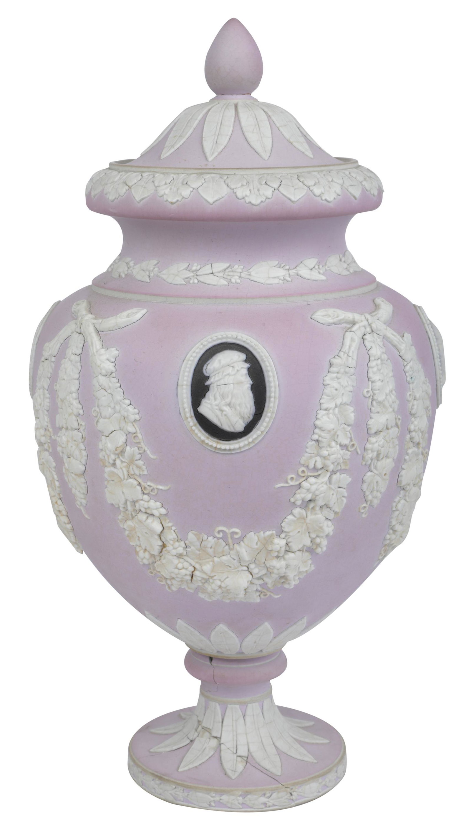 ADAMS & CO PORCELAIN COVERED URN: late 18th century; impressed mark to underside of foot "Adams and Co." (twice); with jasperware-style neoclassical decorations on a mauve ground; Condition: repairs to foot with cracks visible; a flea