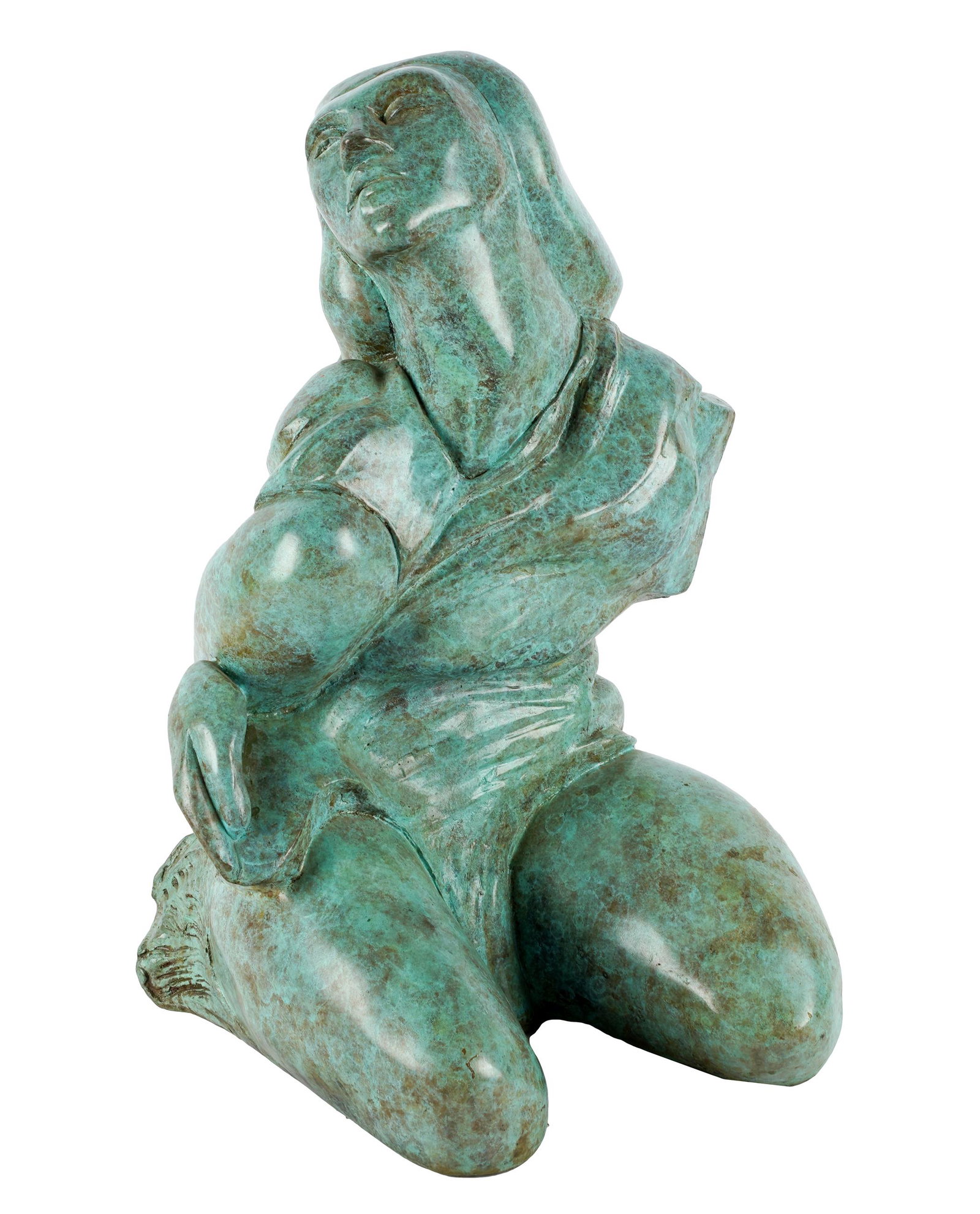 BARBARA BERETICH (1936-2018): KNEELING WOMAN: bronze with verdigris patination; signed and numbered 2/24; 11 1/2 inches wide; 10 inches deep; 17 1/2 inches high;