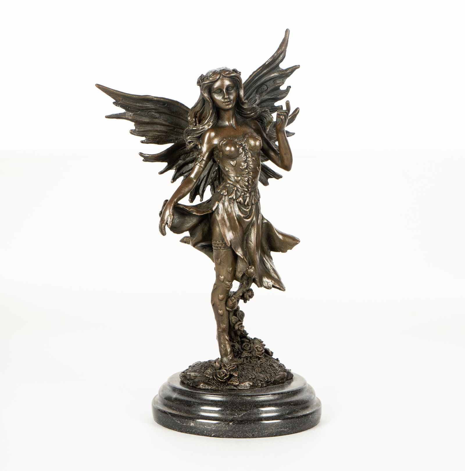 ALDO VITALEH (20TH CENTURY): FAIRY: patinated bronze, mounted to marble plinth; signed "Aldo Vitaleh"; Provenance: The Estate of David Karpeles, the Karpeles Manuscript Museum, Montecito, CA; 11 inches high; 12 1/2 inches high overall
