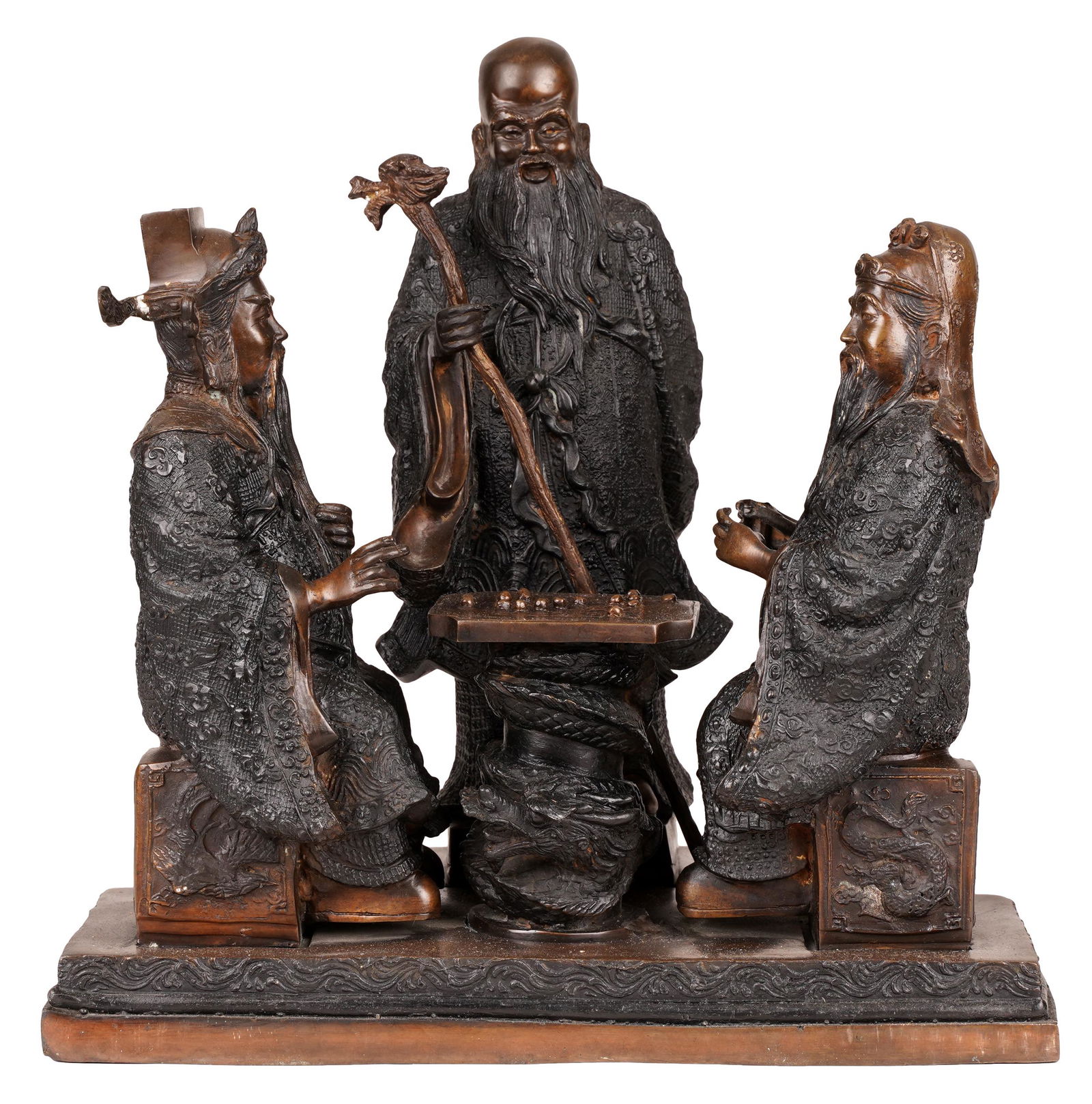 PATINATED BRONZE FIGURAL GROUP OF THREE CHINESE ELDERS (1 of 17)