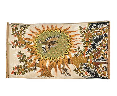 MICHELE RAY / ROBERT FOUR TAPESTRY WALL HANGING: "Jour et Nuit" (Day and Night); France, circa 1965; hand-woven wool; signed in weaving, signed again in ink to manufacturer's applied label; 44 x 67 inches