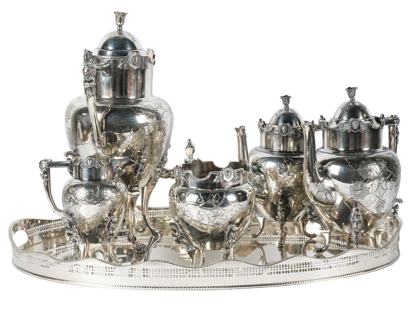 AMERICAN SILVER-PLATE FIVE-PIECE TEA SERVICE (1 of 8)