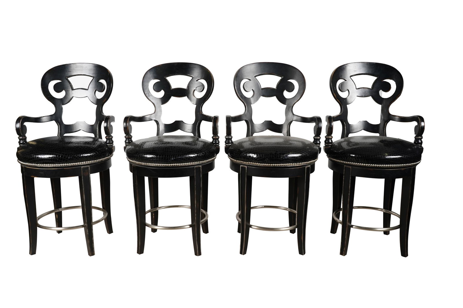 FOUR CENTURY FURNITURE CO SWIVEL BARSTOOLS: stained wood and mock crocodile embossed leather or vinyl; ; with manufacturer's tags; 22 1/2 inches wide; 22 inches deep; 46 inches high; seat: 26 inches high
